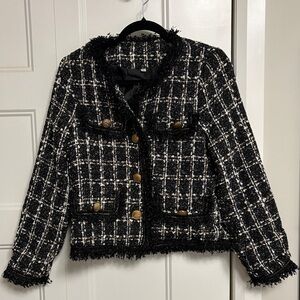Chic Black and White Fringe Tweed Checkered Jacket Size Small